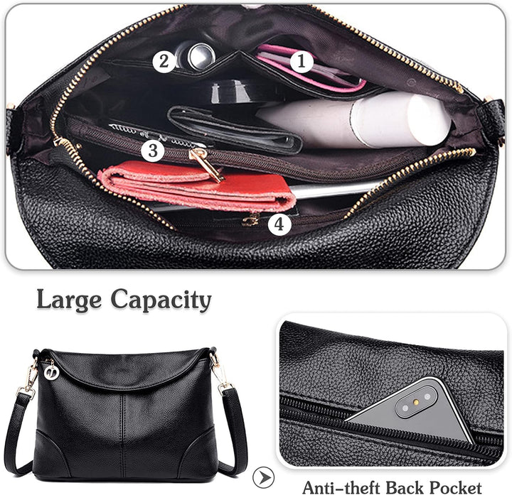 Borsa a tracolla nera in pelle con ampia capacità, tasca posteriore antifurto, scomparti multipli per organizzazione, ideale per donna.