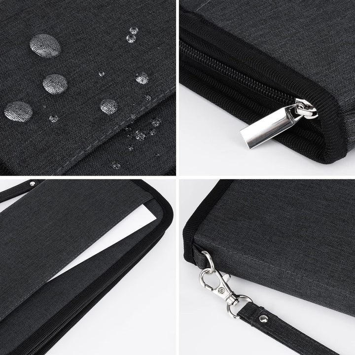 Custodia tablet impermeabile nera con cerniera robusta, tasca interna e tracolla regolabile. Design elegante e resistente.