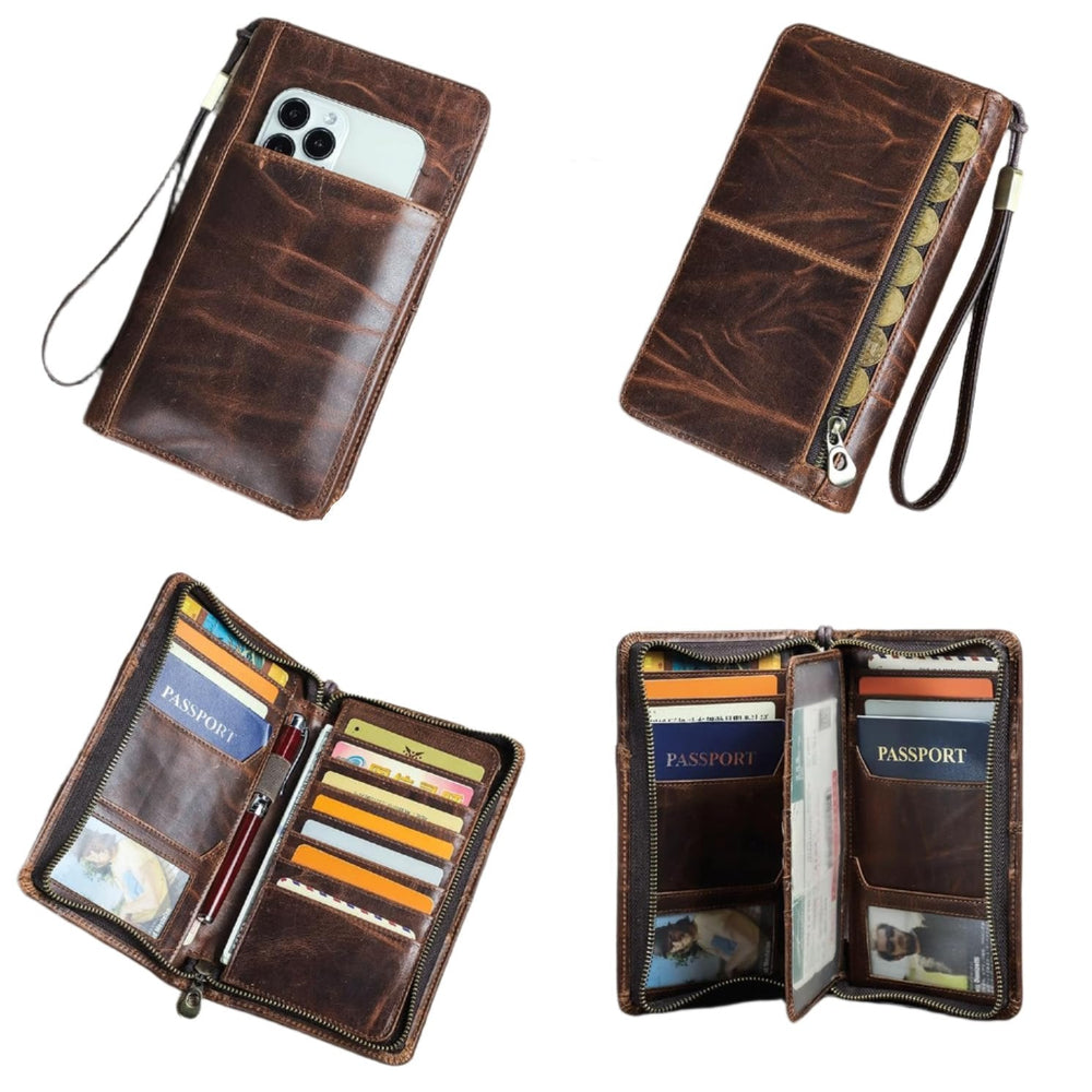 Portafoglio in pelle marrone con cerniera, tasche per carte di credito, passaporto e smartphone. Design elegante e funzionale per viaggiatori.
