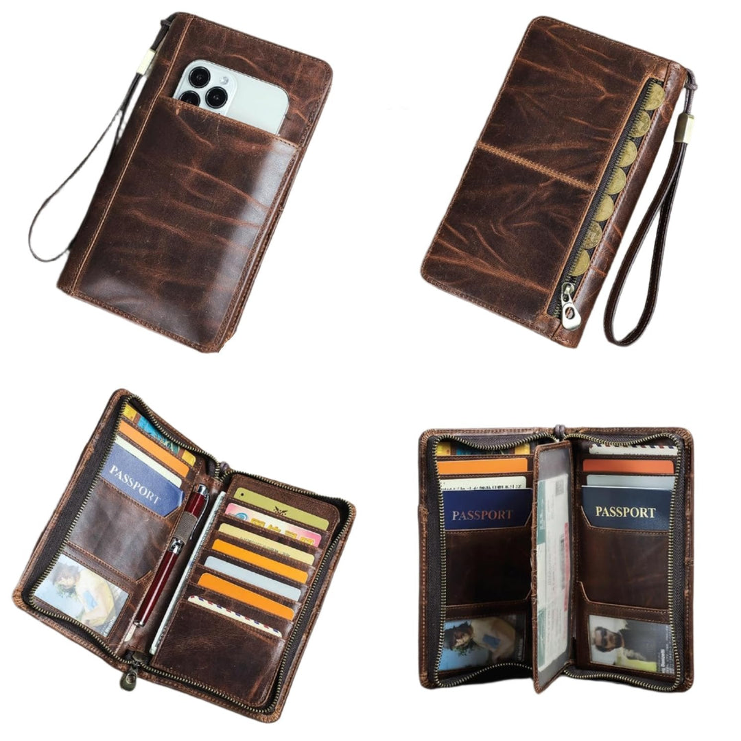 Portafoglio in pelle marrone con cerniera, tasche per carte di credito, passaporto e smartphone. Design elegante e funzionale per viaggiatori.