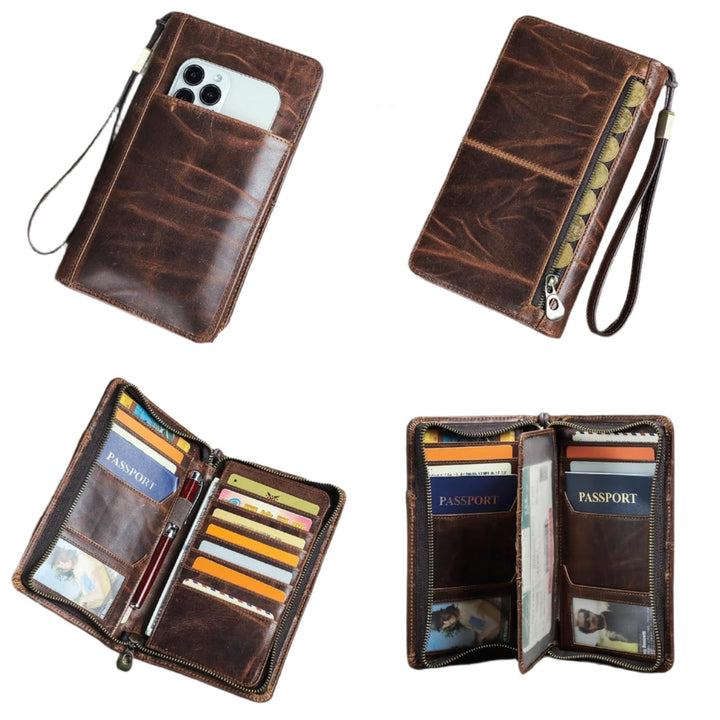 Portafoglio in pelle marrone con cerniera, tasche per carte di credito, scomparto per passaporto e spazio per smartphone. Design elegante e funzionale.