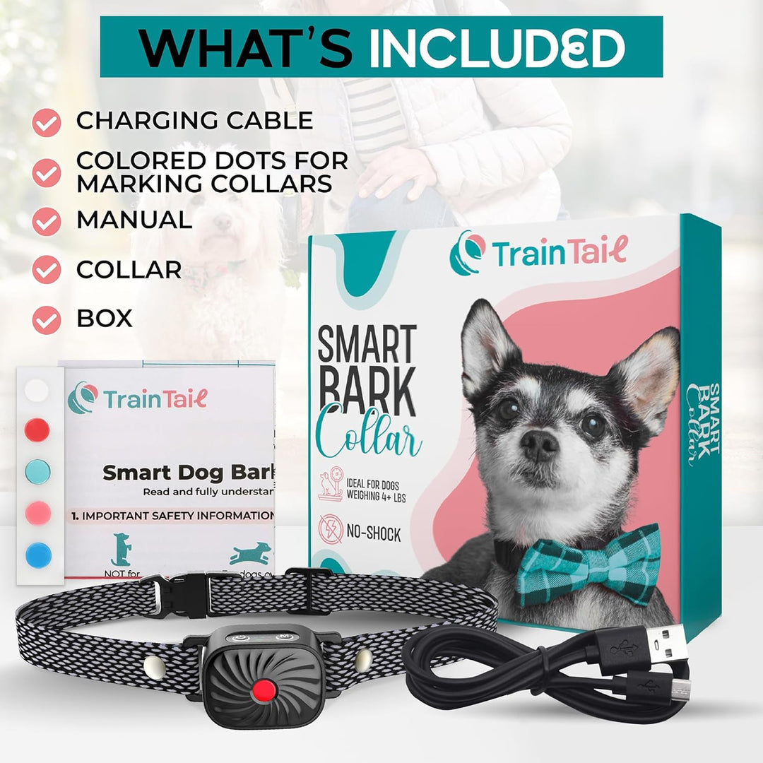 Collare anti-abbaio per cani TrainTail, senza scosse, con cavo di ricarica, manuale, punti colorati per marcatura, confezione inclusa.