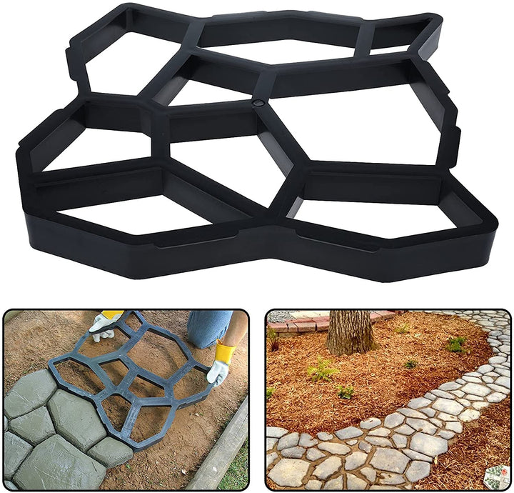 Stampo per pavimentazione in plastica nera, ideale per creare percorsi in giardino. Include immagini di utilizzo su terreno e intorno ad alberi.