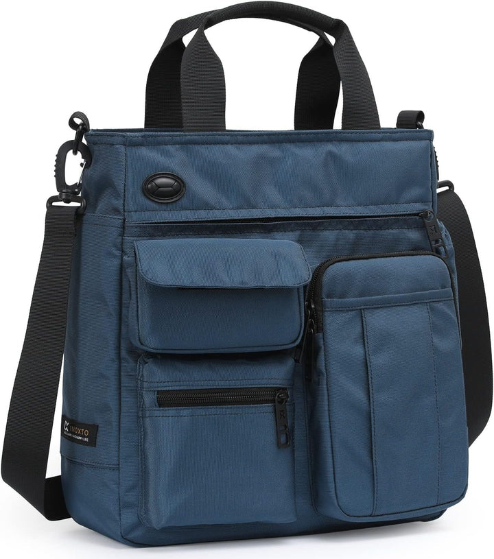 Borsa a tracolla blu in nylon con tasche multiple, manici e tracolla regolabile. Design pratico e resistente, ideale per lavoro e viaggio.