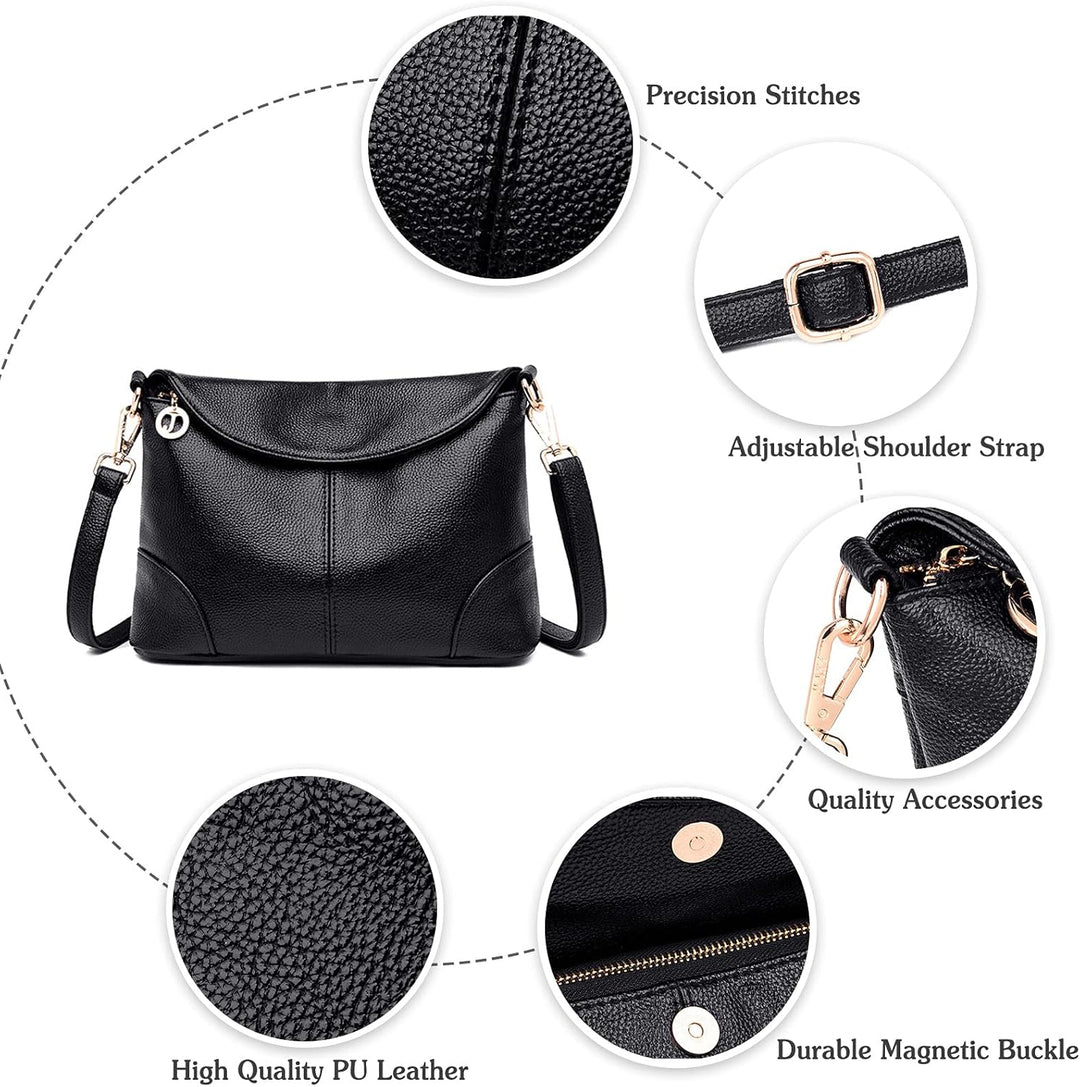Borsa a tracolla in pelle PU nera, cuciture precise, tracolla regolabile, fibbia magnetica durevole, accessori di qualità. Elegante e resistente.