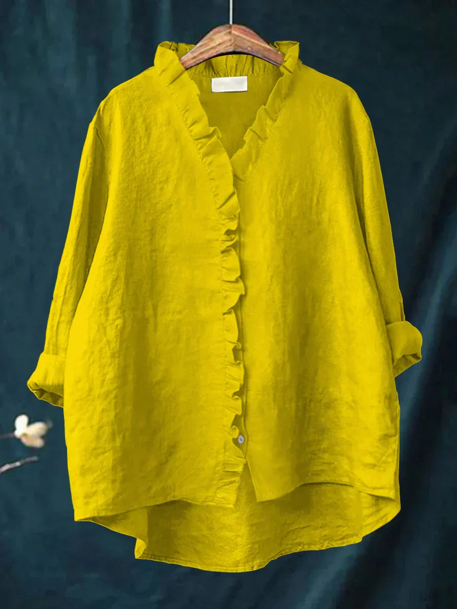 Camicia Donna in Lino Cotone con Volant e Bottoni Manica Corta