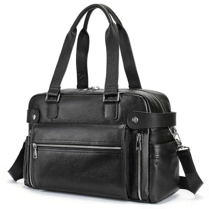 Borsa a tracolla in pelle nera da uomo, design elegante con tasche multiple e cerniere, ideale per lavoro e viaggio. Accessorio moda maschile.