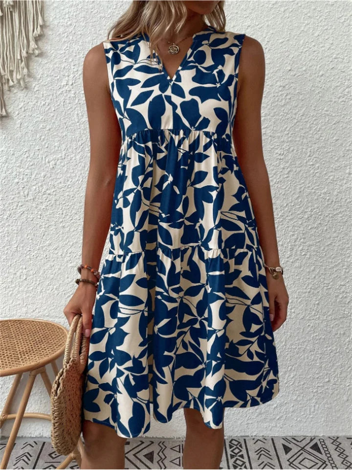 Abito Midi Donna Floreale Smanicato Volant Scollo a V