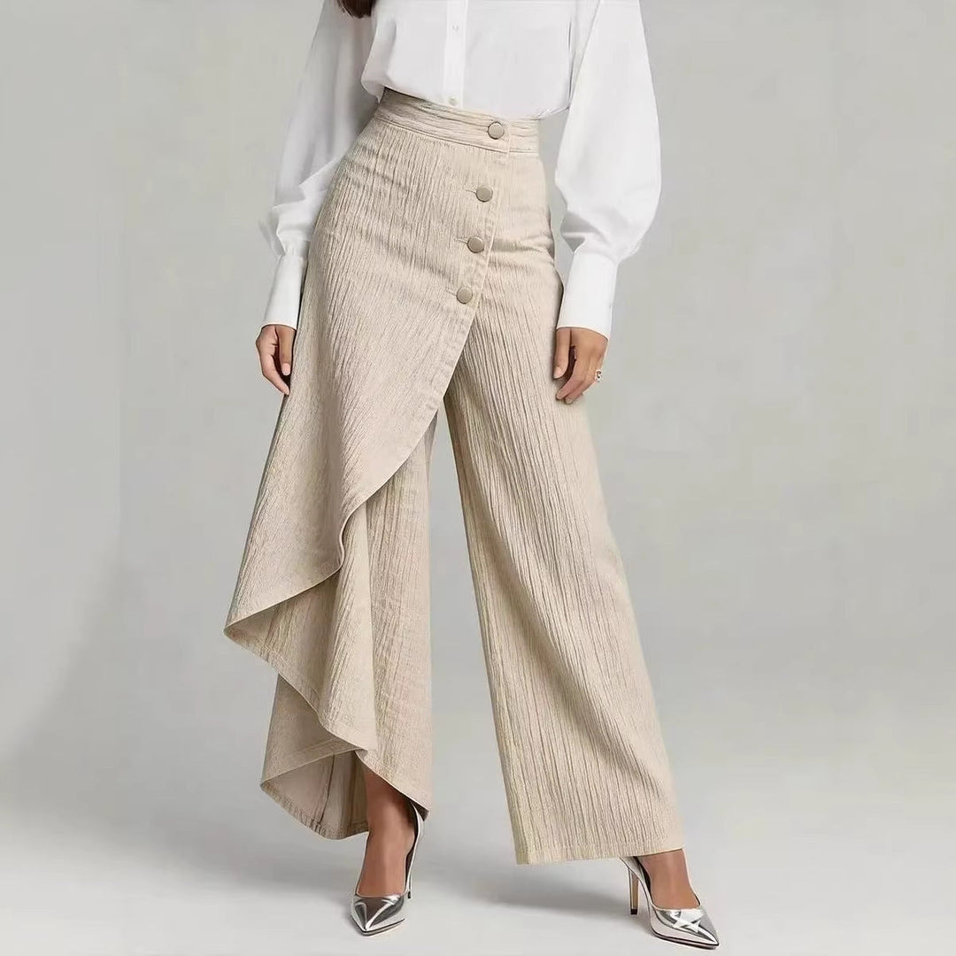 Pantaloni Donna Finto Denim Gamba Dritta Bottoni Arricciati