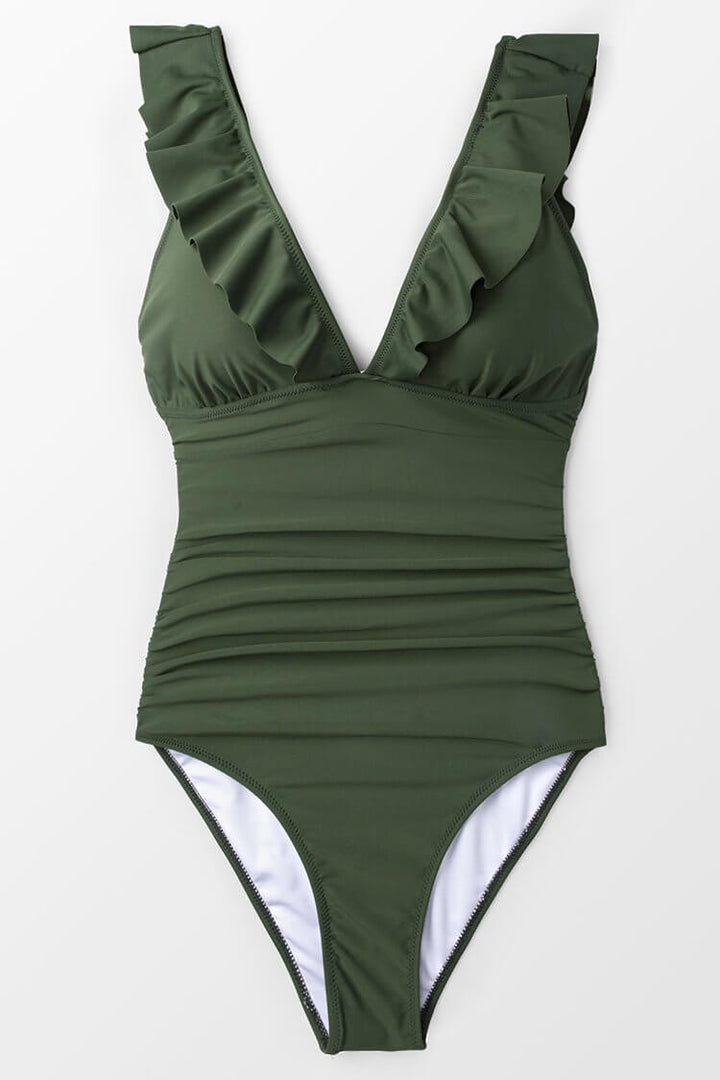 Costume intero verde oliva con volant, scollo a V profondo, design elegante e moderno. Perfetto per moda mare e piscina.