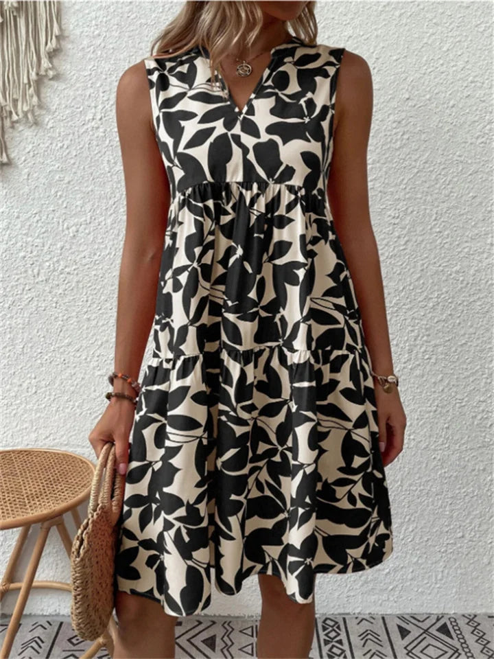 Abito Midi Donna Floreale Smanicato Volant Scollo a V