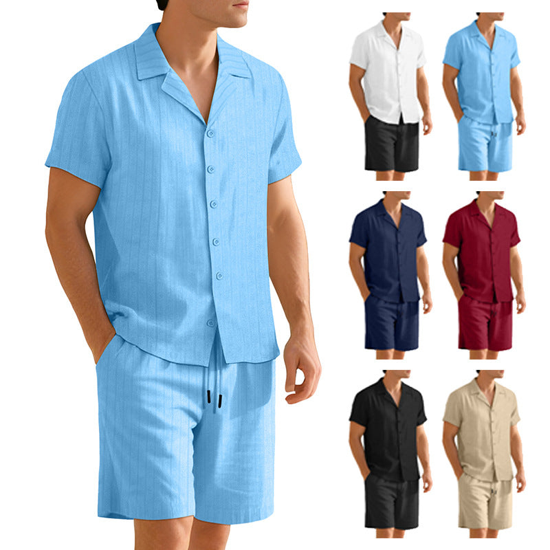 Completo Uomo Camicia Cotone Manica Corta Pantaloni Casual Resistente