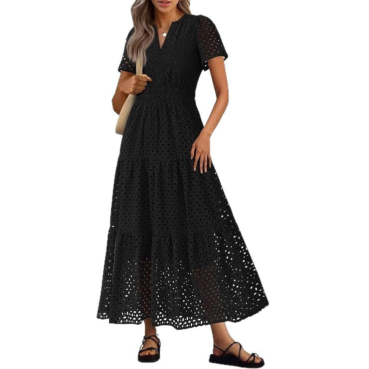 Abito lungo Donna Scollo a V Maniche Corte Occhielli Fluidi