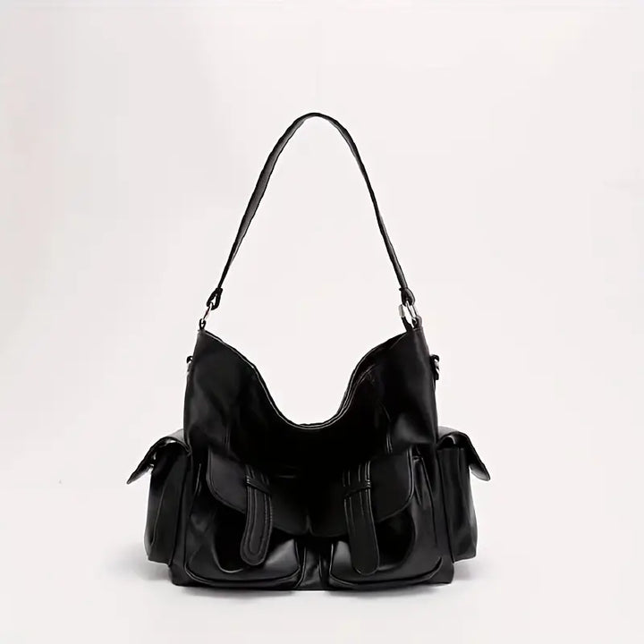 Borsa a spalla in pelle nera con tasche multiple, design elegante e moderno, perfetta per moda donna, accessorio versatile e di tendenza.