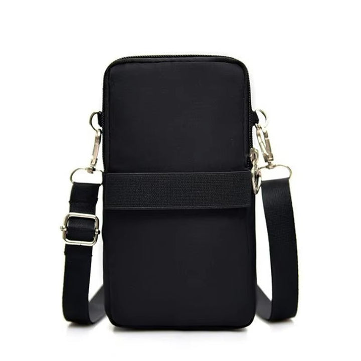 Borsa a tracolla nera unisex, design compatto, con cinturino regolabile e chiusura a zip. Ideale per smartphone e accessori.