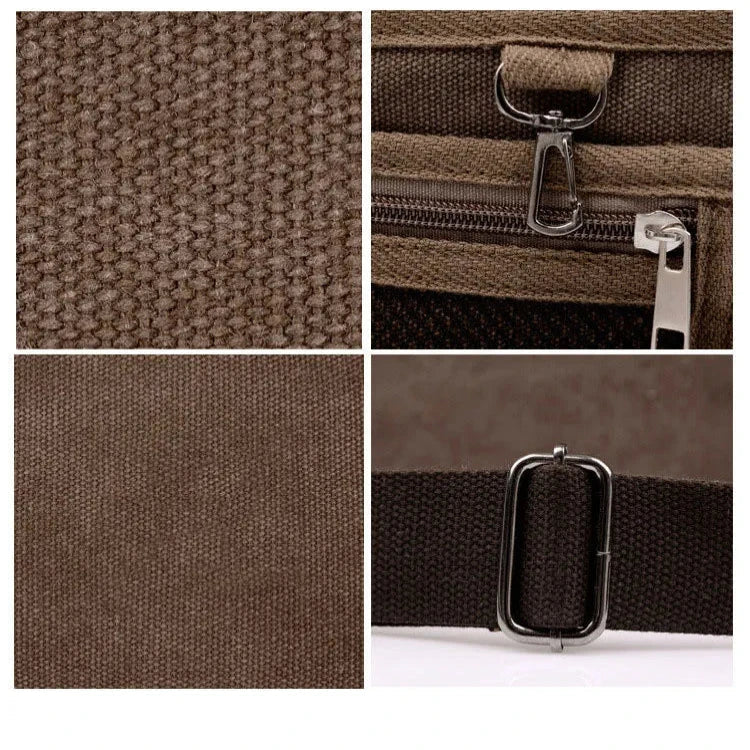Dettagli borsa a tracolla in tela marrone, chiusura zip, gancio metallico, fibbia regolabile. Accessorio moda resistente e versatile.