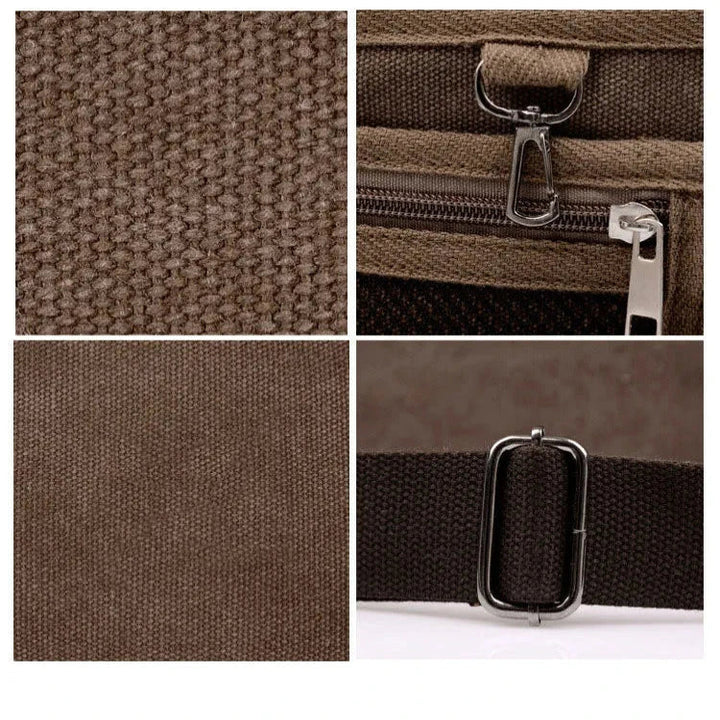 Dettagli borsa a tracolla in tela marrone, chiusura zip, gancio metallico, fibbia regolabile. Accessorio moda resistente e versatile.
