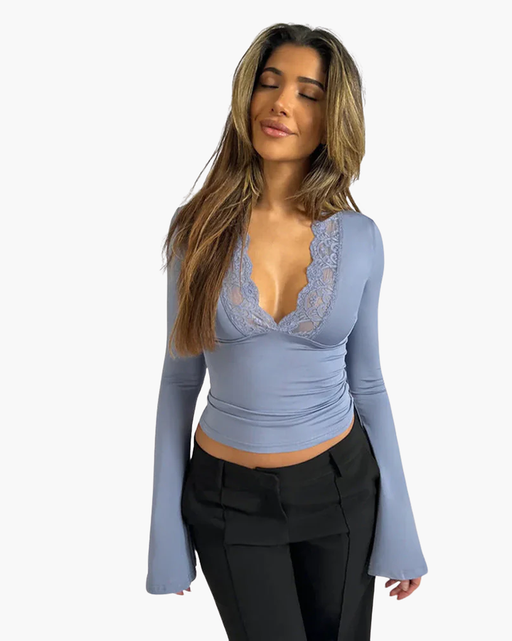 Donna Maniche Lunghe Pizzo Scollo a V