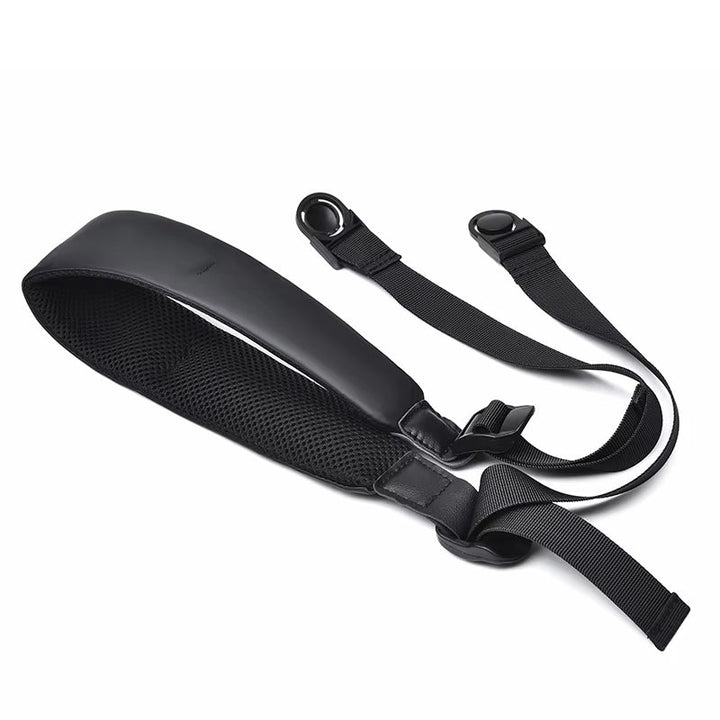 Cinghia tracolla regolabile nera per fotocamera, design ergonomico, imbottitura in rete traspirante, accessorio fotografico resistente e confortevole.