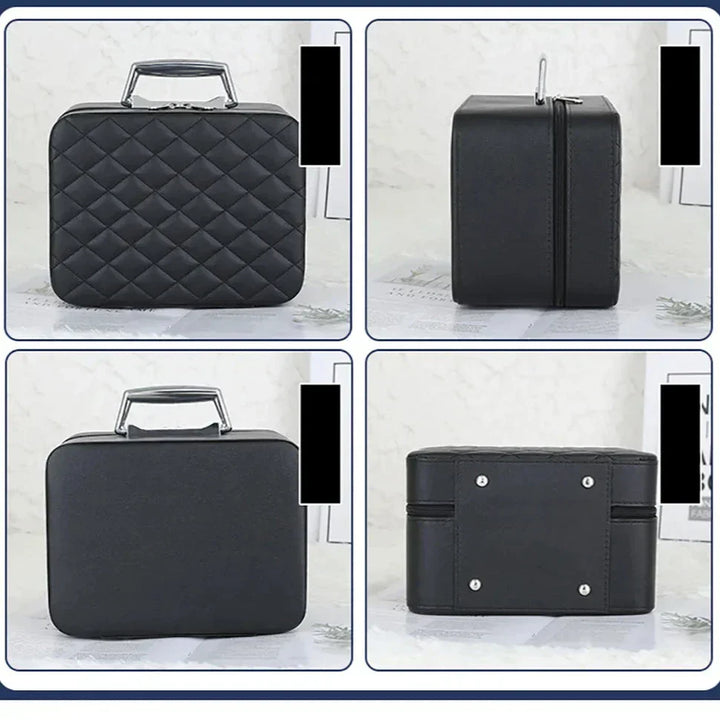 Elegante borsa cosmetica nera trapuntata con manico in metallo, vista frontale, laterale e posteriore. Design compatto, ideale per viaggi e organizzazione.