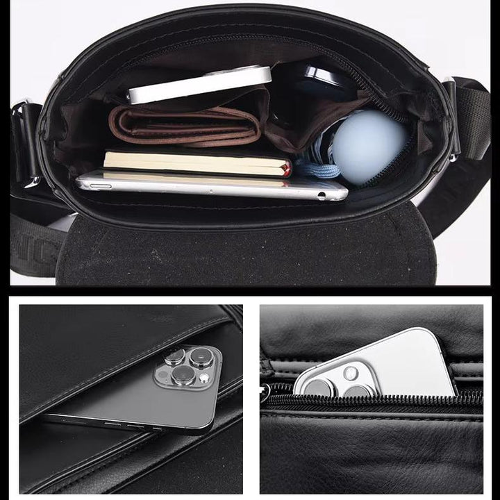 Borsa a tracolla in pelle nera con scomparti interni, contenente smartphone, notebook, portafoglio e accessori. Design elegante e funzionale.