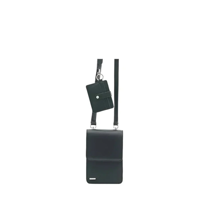 Borsa a tracolla nera con portafoglio abbinato, design elegante e minimalista, ideale per uomo e donna, accessorio moda versatile e pratico.