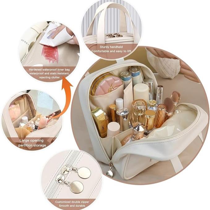 Borsa cosmetica impermeabile con manico robusto, ampio scomparto, doppia cerniera personalizzata, ideale per trucco e accessori da viaggio.