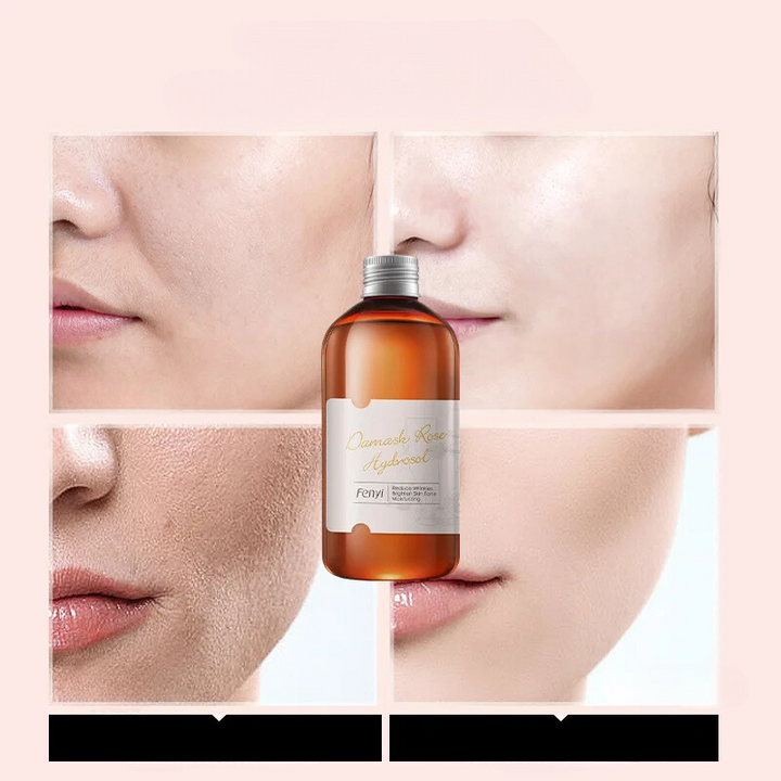 Olio di rosa per il viso, flacone trasparente, miglioramento della pelle, idratazione, riduzione pori, cura del viso, skincare naturale, bellezza.