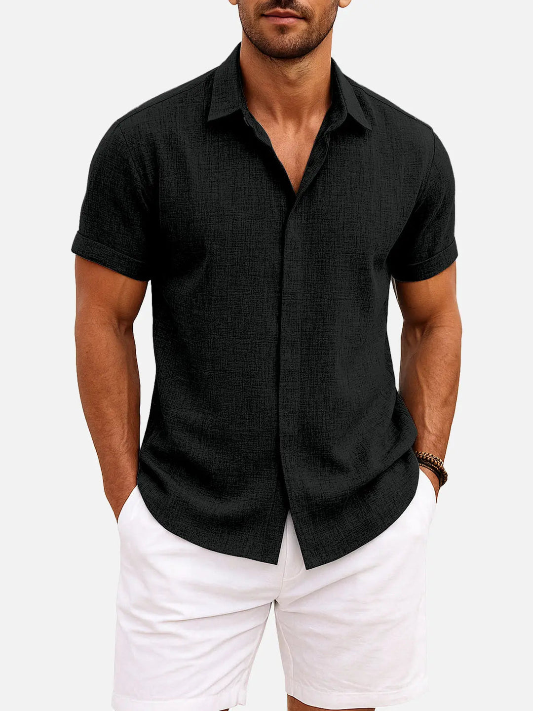 Camicia Uomo Misto Cotone Lino Maniche Corte