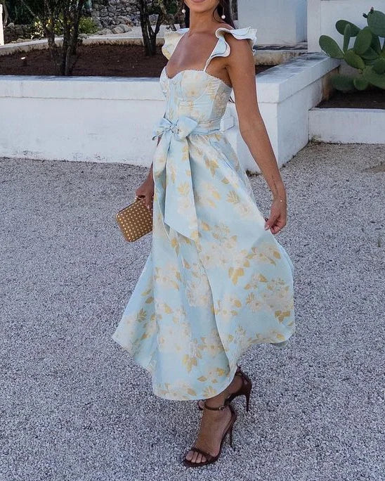 Abito Midi Donna con Fiocco e Spalline Arricciate