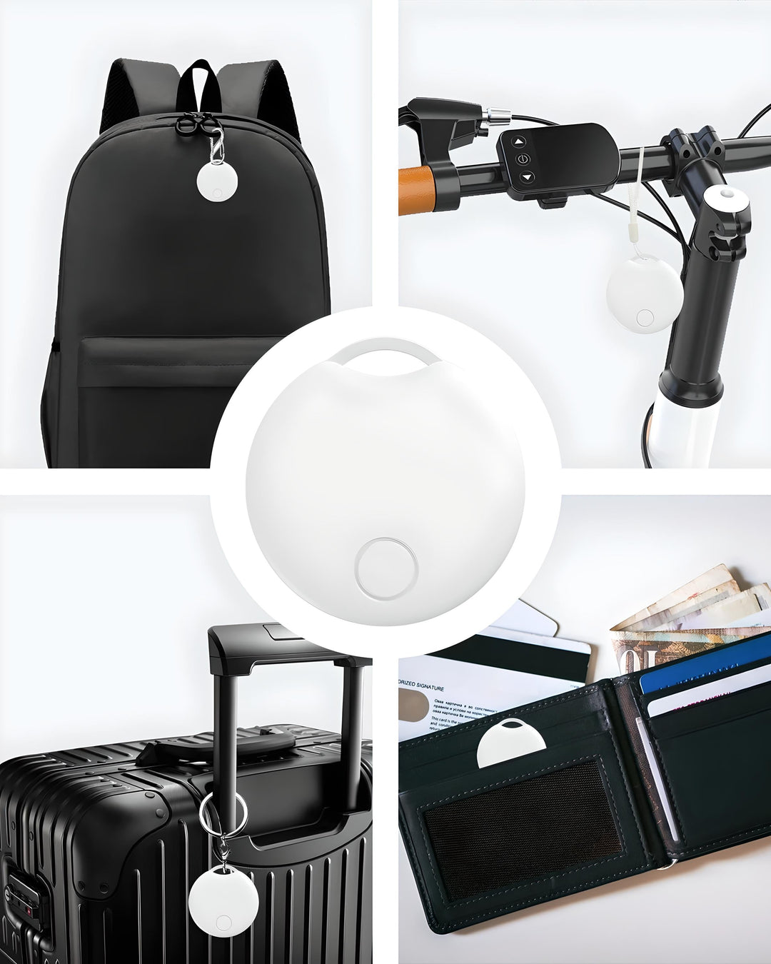 Dispositivo di localizzazione bianco su zaino, bicicletta, valigia e portafoglio. Tracker Bluetooth per oggetti personali, sicurezza e antifurto.