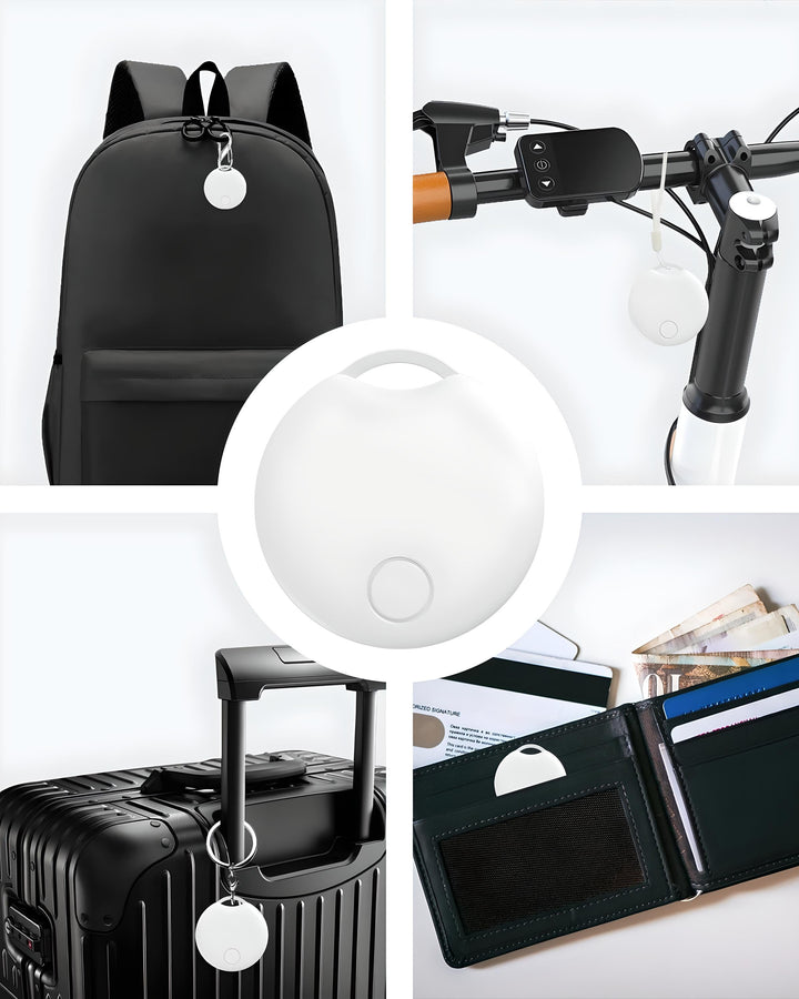 Dispositivo di localizzazione bianco su zaino, bicicletta, valigia e portafoglio. Tracker Bluetooth per oggetti personali, sicurezza e antifurto.