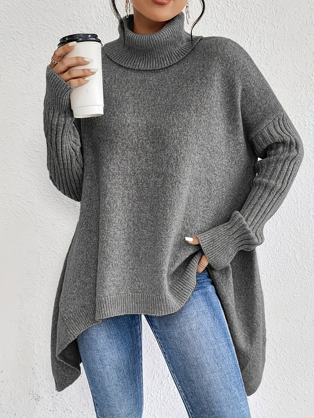 Maglione Donna Dolcevita Maglia Larga Manica Lunga Irregolare