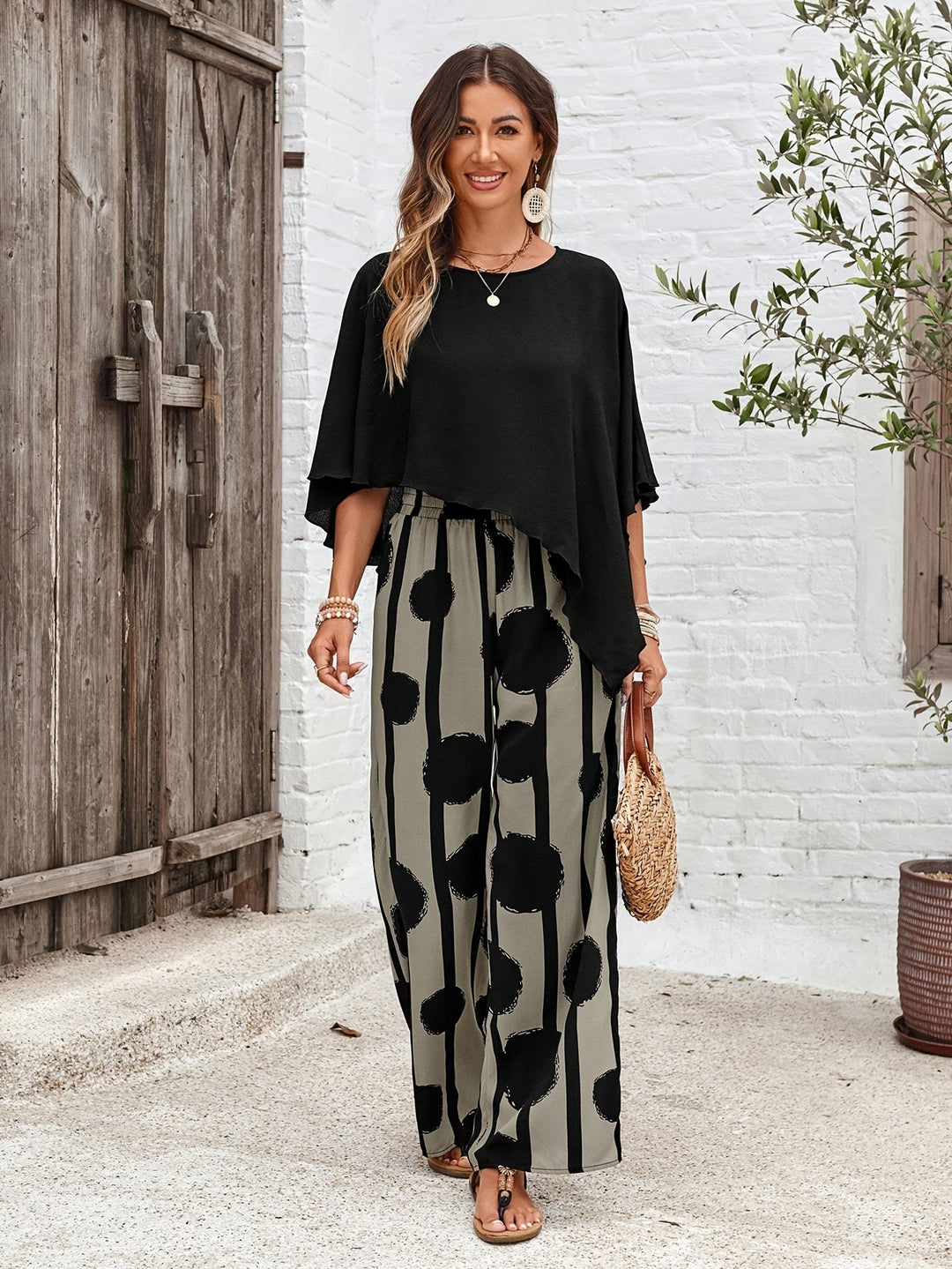 Set Due Pezzi Donna Pantaloni Gamba Larga Stile Boho Chic