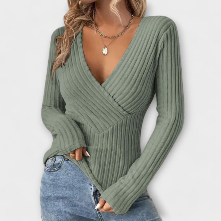 Maglione Donna Maglia a Coste in Lana Scollo a V Manica Lunga