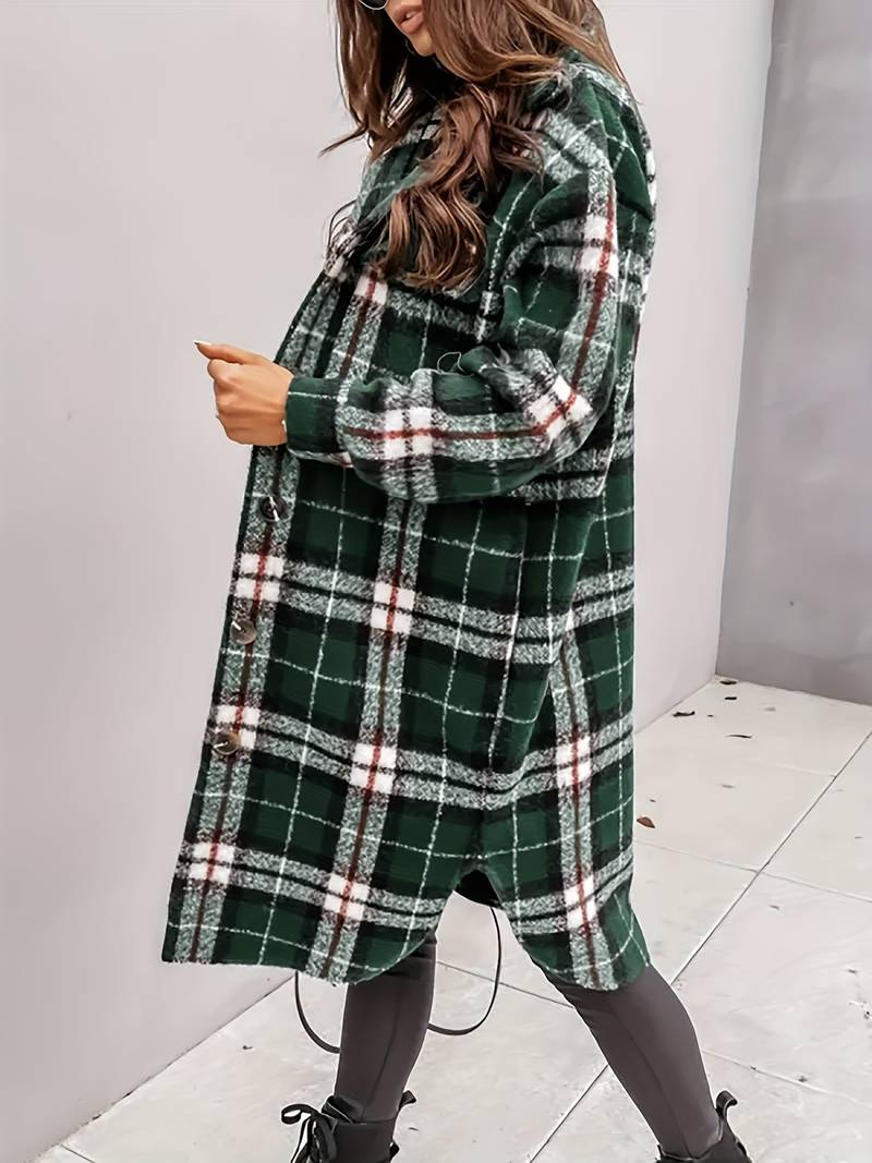Cappotto Lungo Donna in Tessuto a Quadri Vestibilità Confortevole