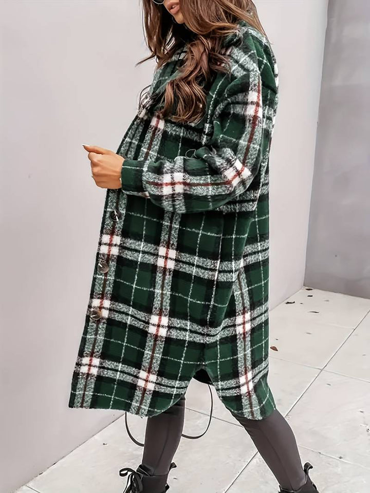 Cappotto Lungo Donna in Tessuto a Quadri Vestibilità Confortevole