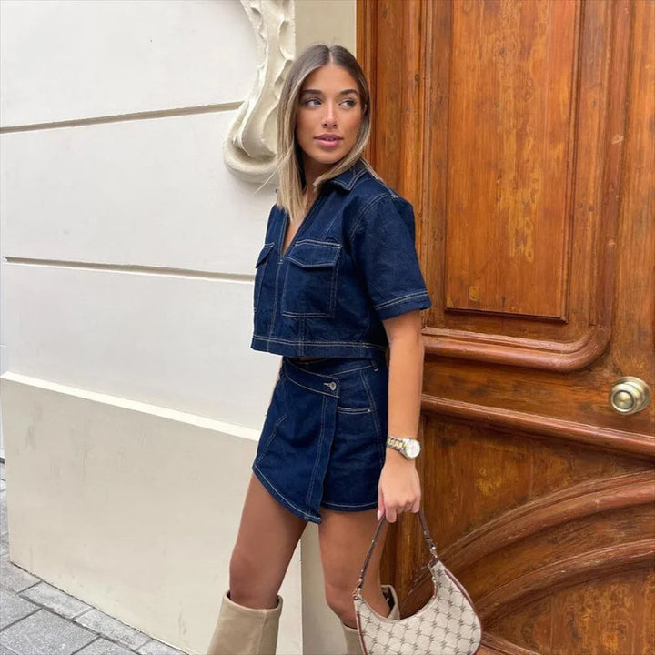 Set Donna in Denim con Gonna Pantaloncino