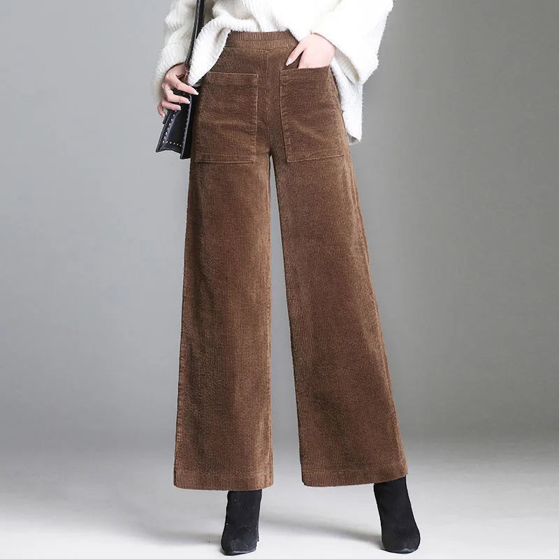 Pantaloni Donna in Velluto a Coste Gamba Larga Elegante