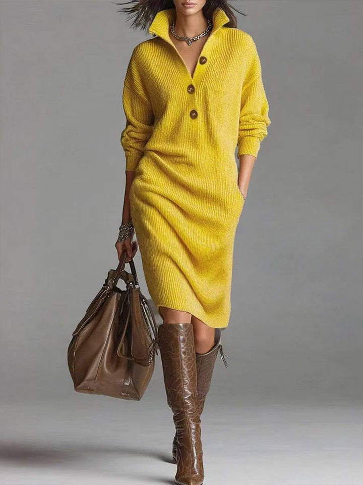 Abito Donna in Maglia Manica Lunga Scollo a V con Bottoni