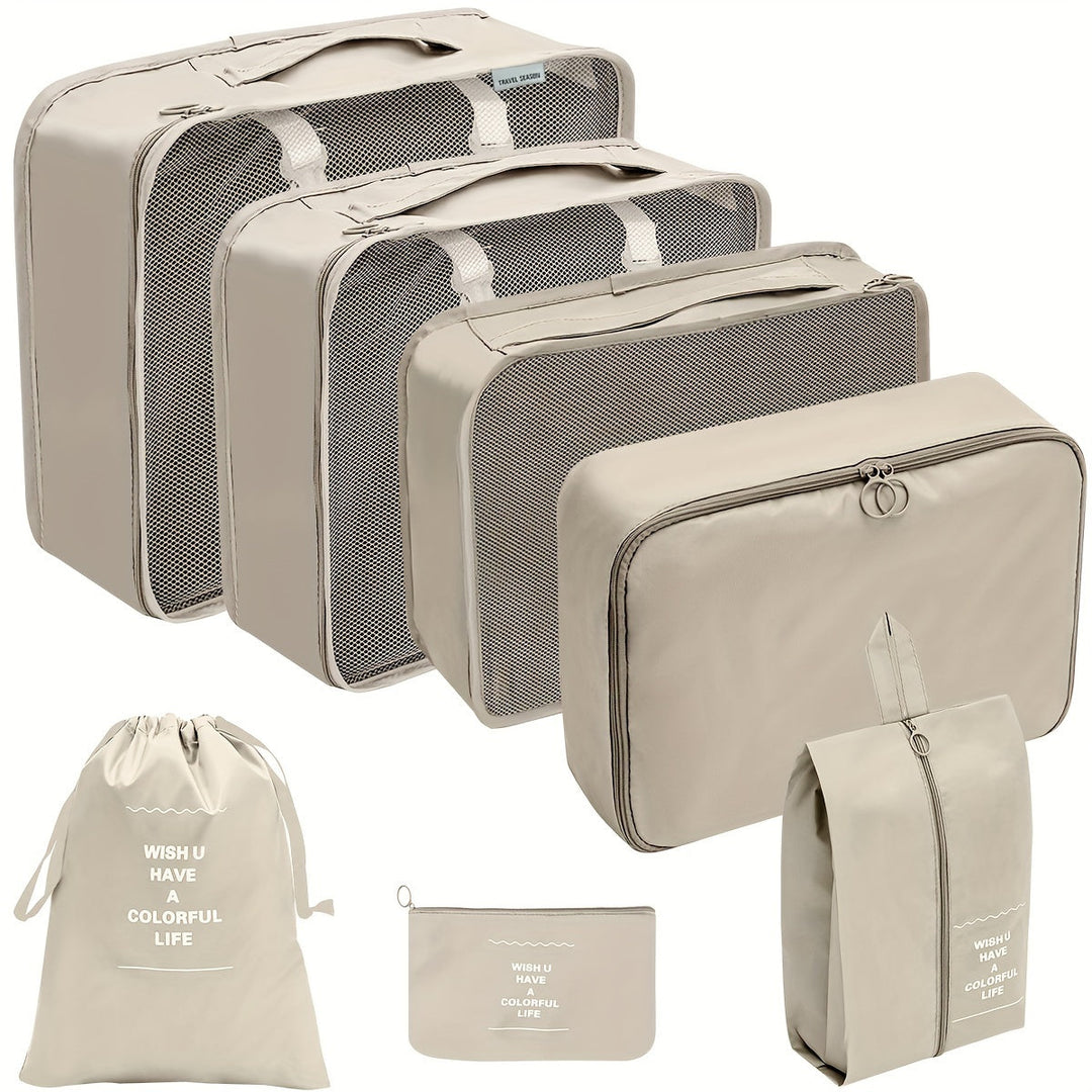 Set di organizer da viaggio beige, 7 pezzi, con borse a rete e sacchetti per valigia. Ideale per organizzare vestiti e accessori in viaggio.