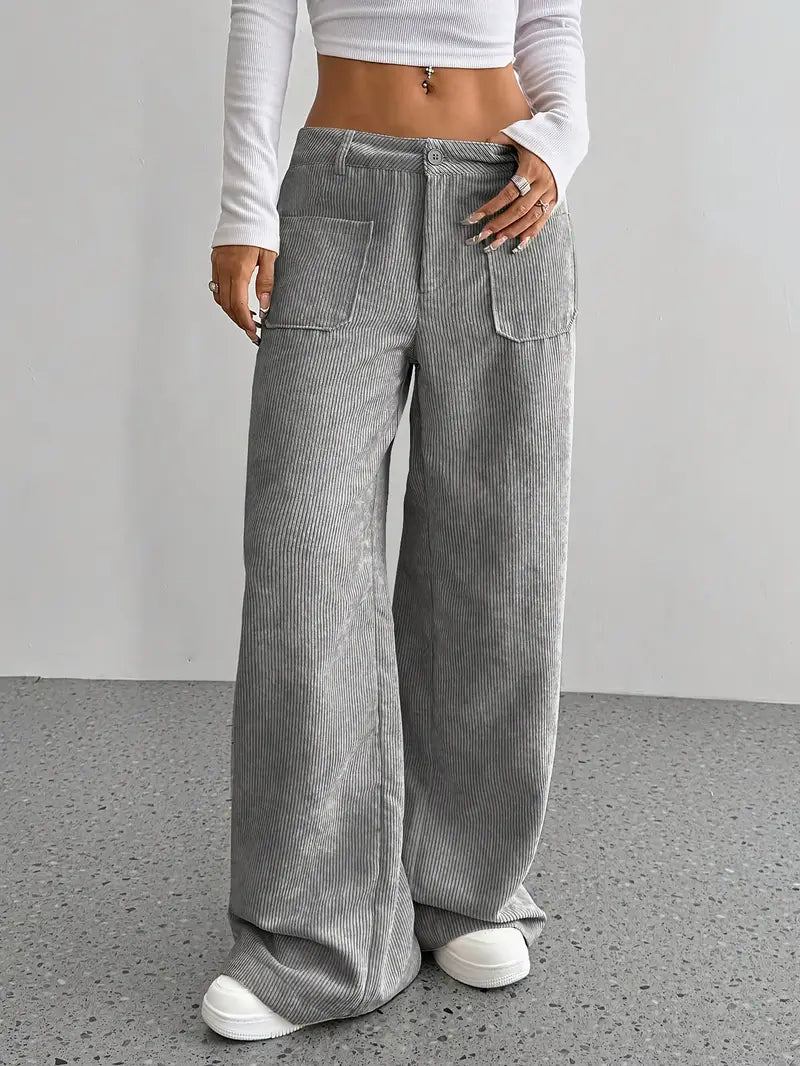 Pantaloni Donna a Coste Vita Alta Gamba Larga