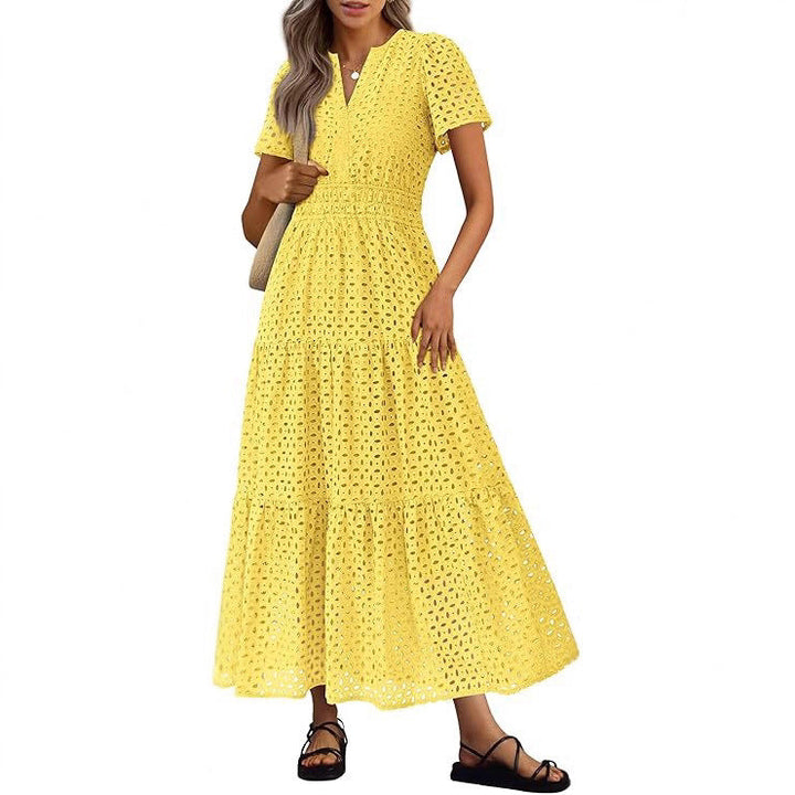Abito lungo Donna Scollo a V Maniche Corte Occhielli Fluidi
