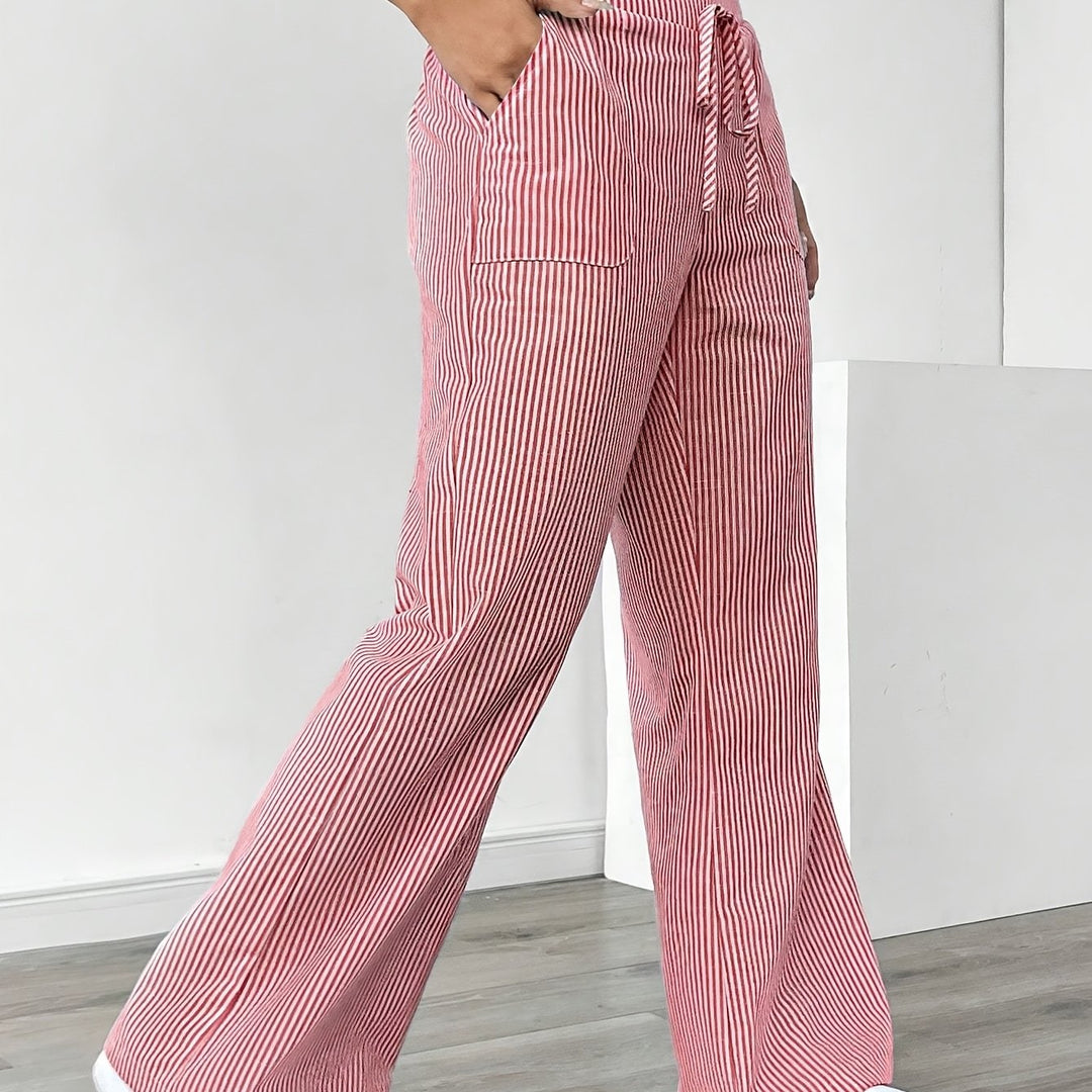 Pantaloni Donna Lounge in Tessuto a Righe Vita Alta Gamba Larga
