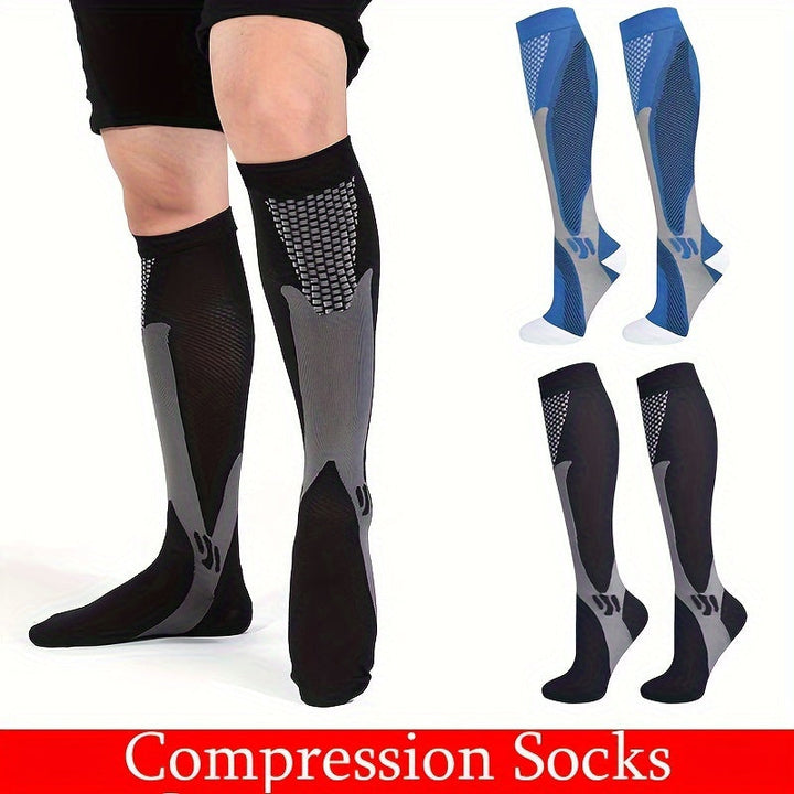 Calze a compressione nere e blu per uomo, design ergonomico, supporto circolazione, riduzione gonfiore, ideali per sport e viaggi.