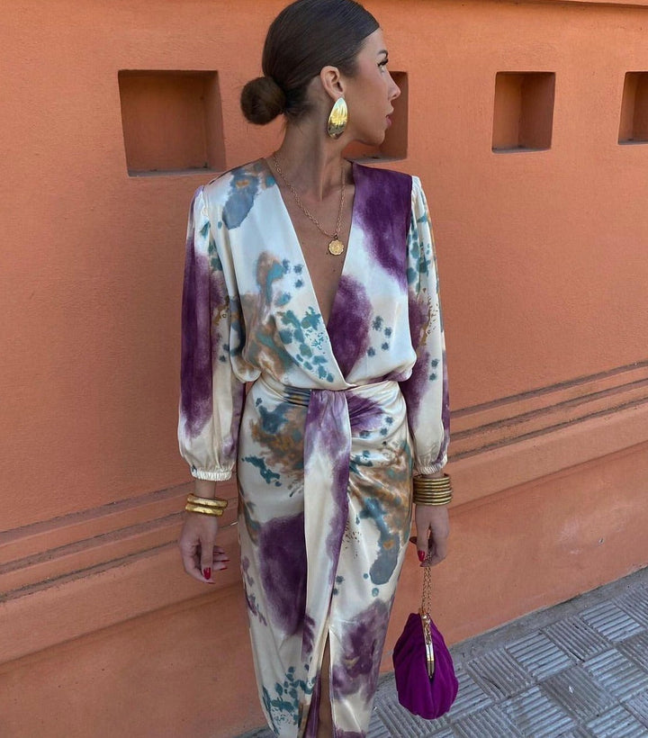 Abito Donna Scollo a V Maniche a Palloncino Vestibilità Elegante