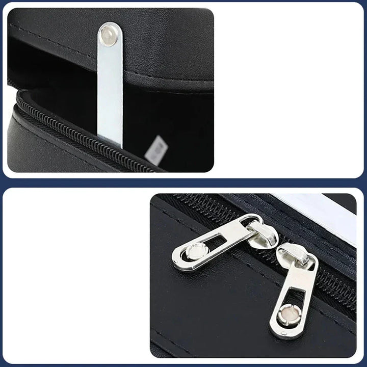 Custodia rigida nera con doppia cerniera in metallo, design elegante e resistente, ideale per protezione e trasporto sicuro di dispositivi elettronici.