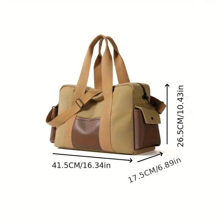 Borsa a tracolla beige e marrone, dimensioni 41,5x17,5x26,5 cm, con manici e tasche laterali. Design elegante e pratico per viaggi e uso quotidiano.