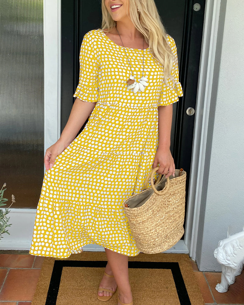 Abito Midi Donna Scollo Tondo Stampa Pois