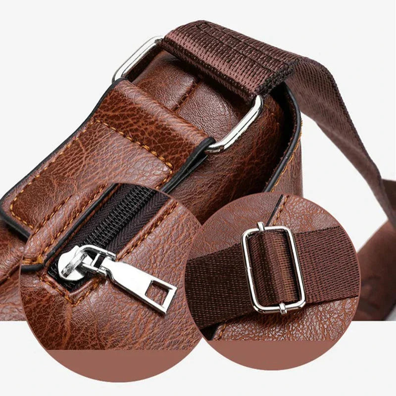 Borsa a tracolla in pelle marrone con cerniera e fibbia regolabile in metallo, design elegante e resistente, ideale per uomo e donna.